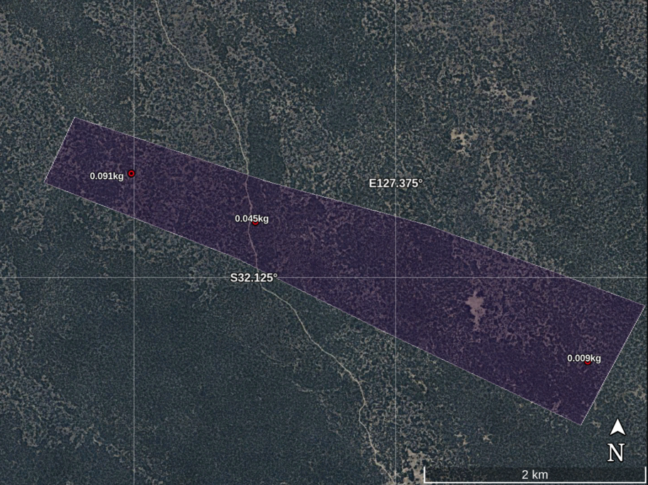 Footprint of the search area. The smaller fragments would be in the Eastern side; and medium sizes to the West.
